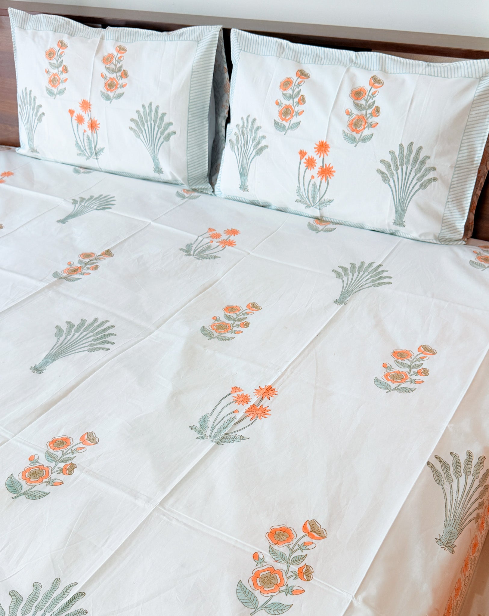 Banana Leaf & Orange Floral Handblock Premium Cotton Bedsheet Set — hand-block printed bedsheet set, product view 4.