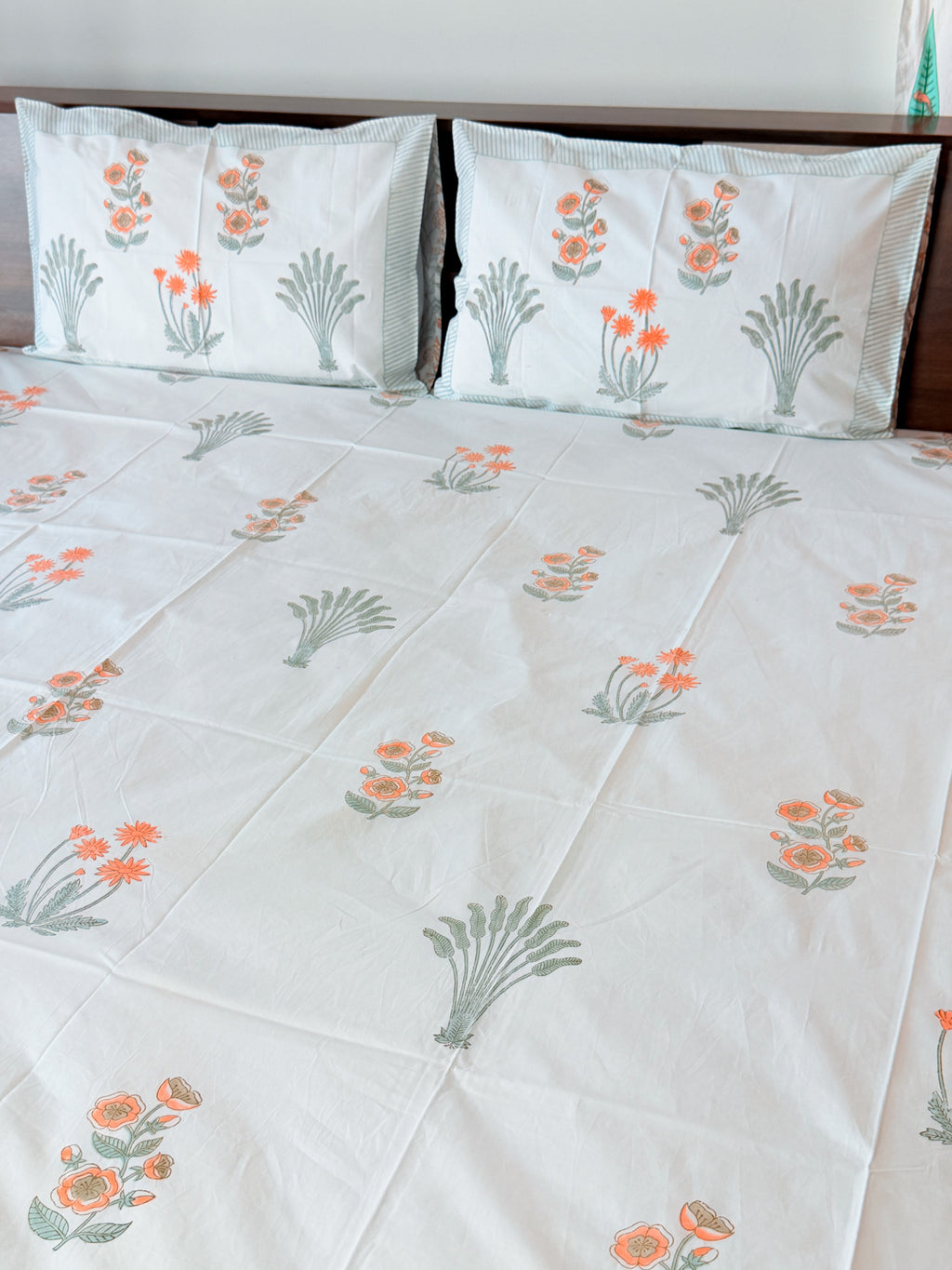 Banana Leaf & Orange Floral Handblock Premium Cotton Bedsheet Set — hand-block printed bedsheet set, product view 5.