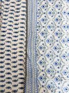 Blue Floral Butta quilted bedcover detail showing blue floral motifs, buttas and border.