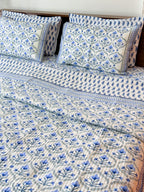 Blue Floral Butta quilted bedcover full product view.