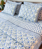 Blue Floral Butta quilted bedcover showing the blue floral print.