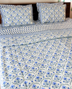 Blue Floral Butta quilted bedcover detail view.