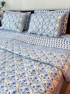 Blue Floral Butta quilted bedcover border and quilted texture.