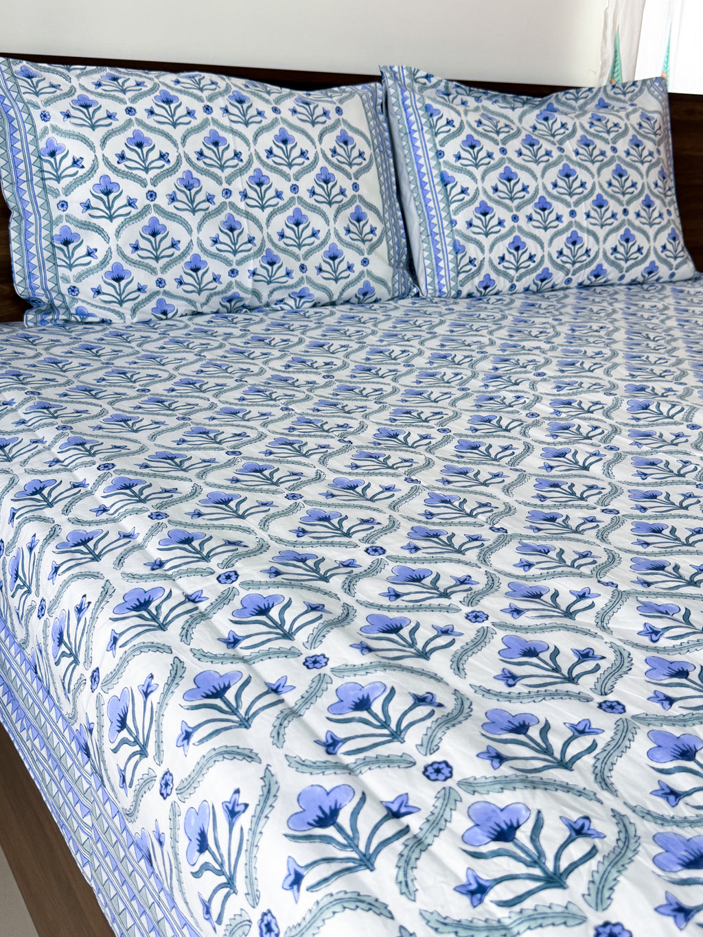 Blue Floral Butta Handblock Premium Cotton Bedsheet Set — hand-block printed bedsheet set, product view 5.
