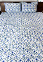 Blue Floral Butta Handblock Premium Cotton Bedsheet Set — hand-block printed bedsheet set, product view 6.