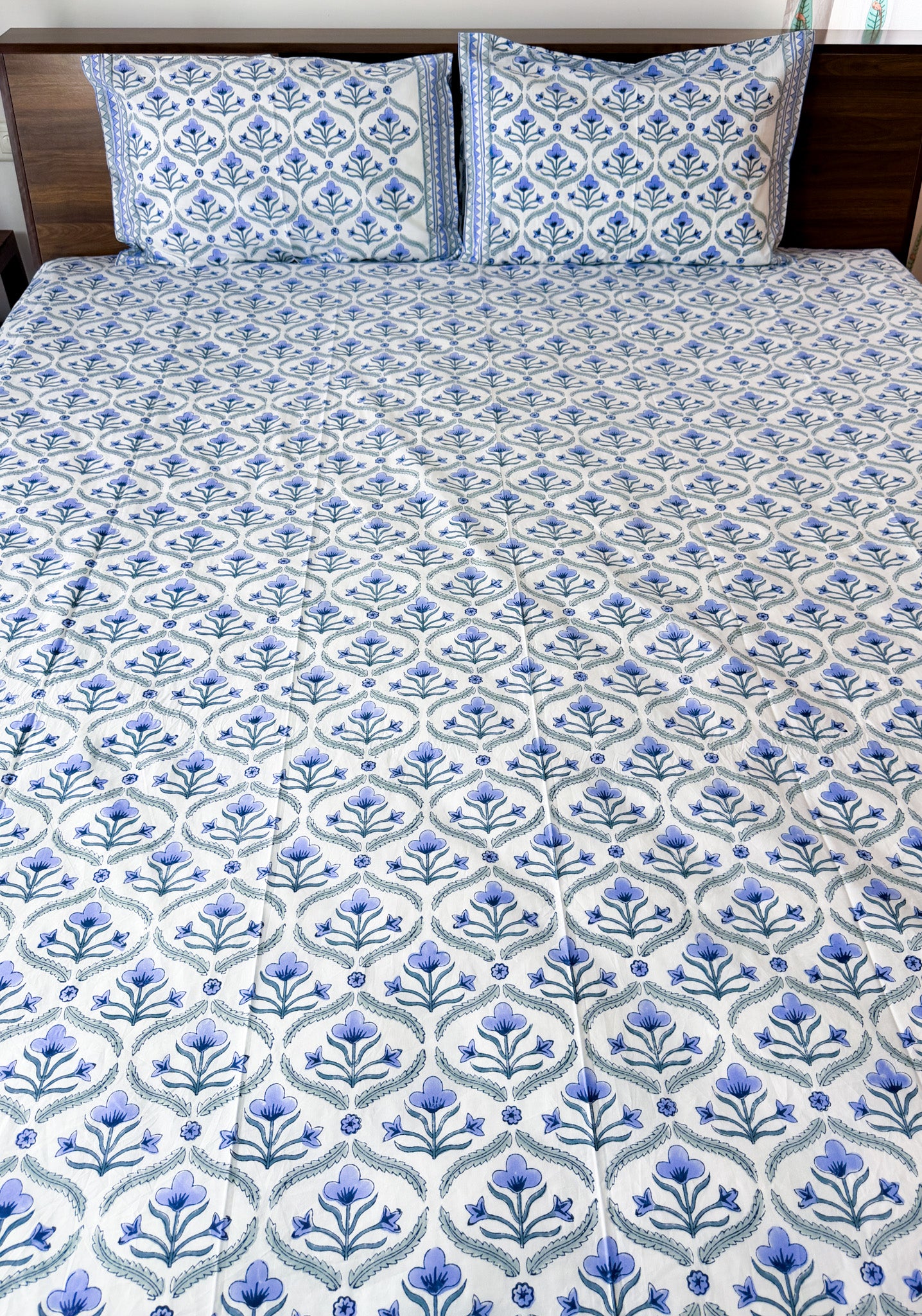 Blue Floral Butta Handblock Premium Cotton Bedsheet Set — hand-block printed bedsheet set, product view 6.
