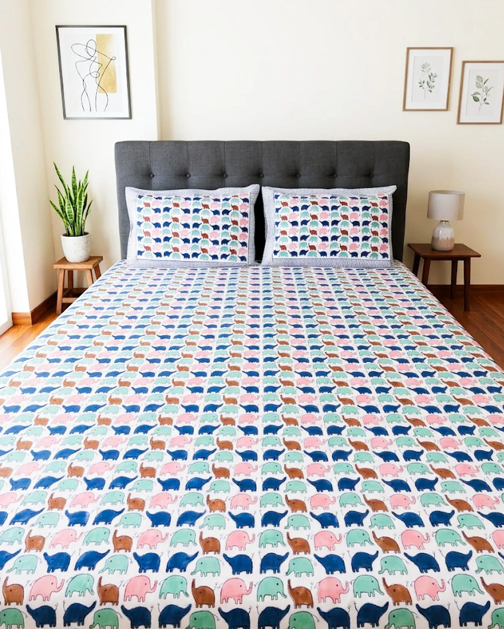 Baby Elephant Handblock Premium Cotton Bedsheet Set image 1