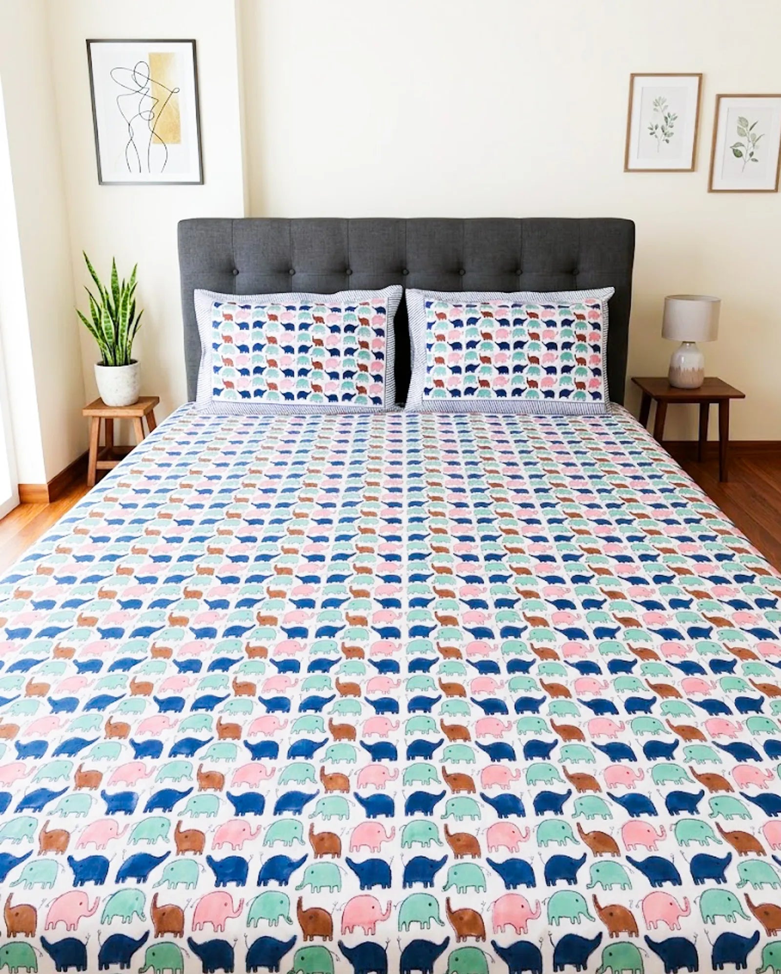 Baby Elephant Handblock Premium Cotton Bedsheet Set image 1