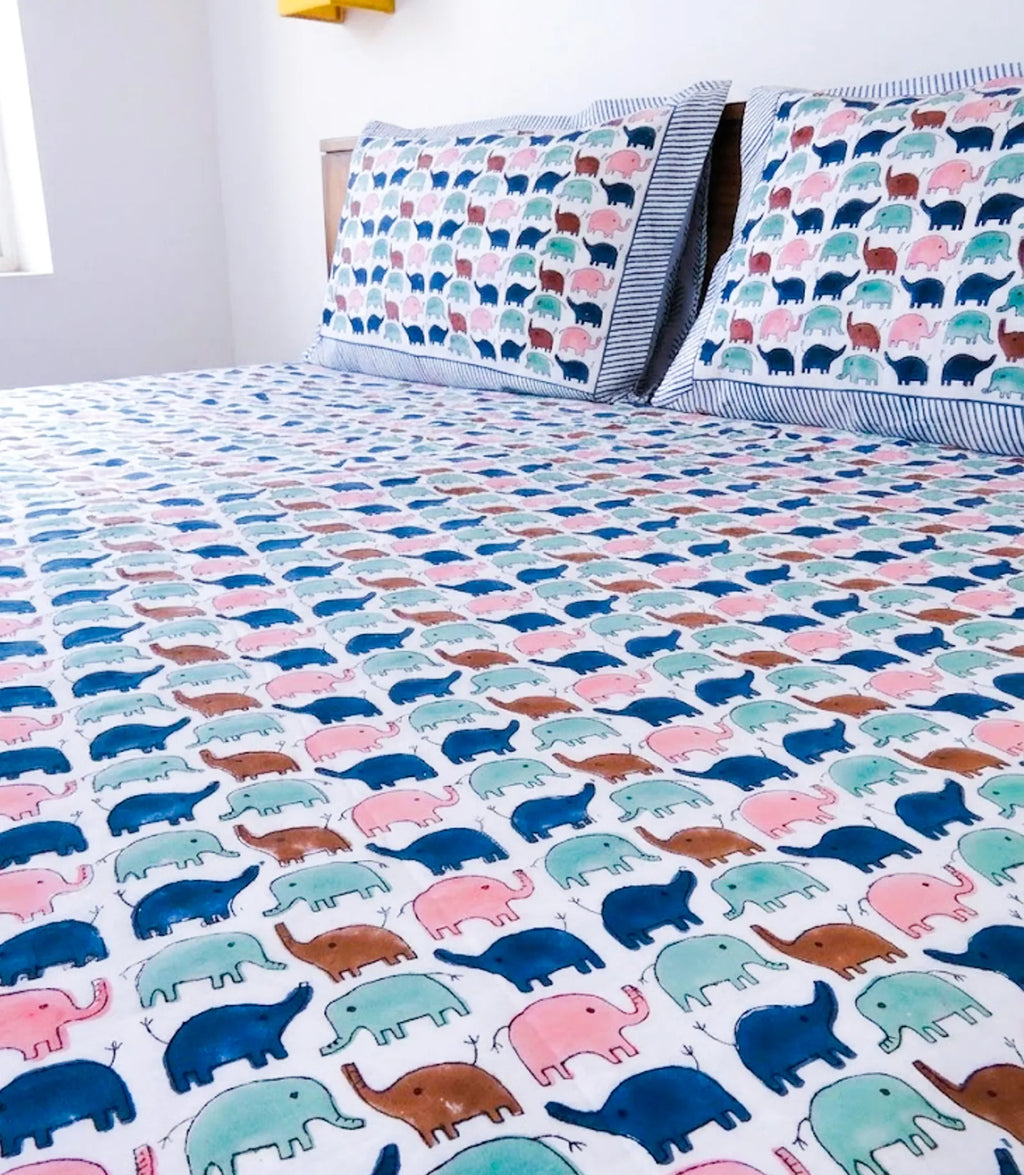 Baby Elephant Handblock Premium Cotton Bedsheet Set image 2
