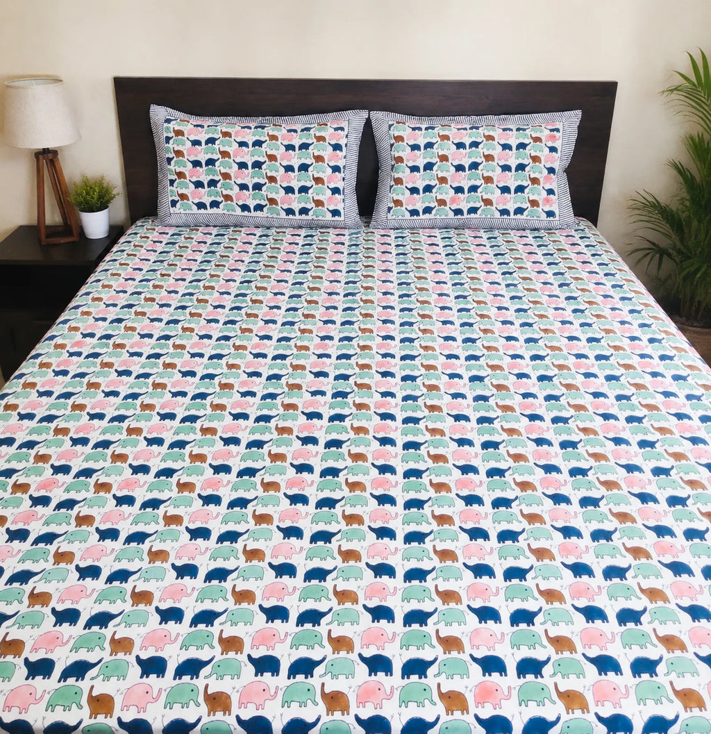Baby Elephant Handblock Premium Cotton Bedsheet Set image 5