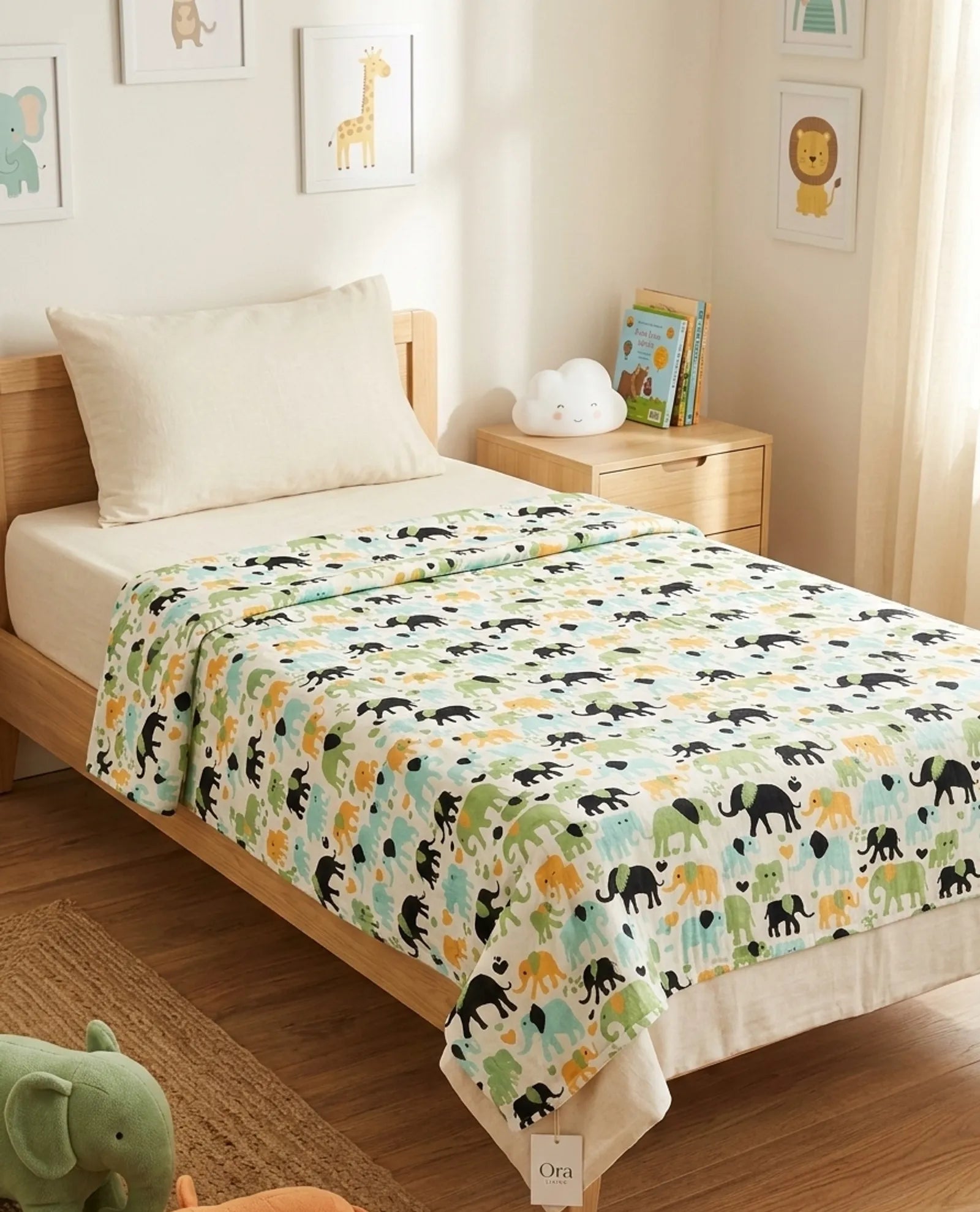 Black & Green Small Elephant Handblock Mul Cotton Kids Dohar image 1