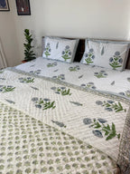 Blue & Green Ivory Garden Handblock Mul Cotton Quilt Single image 1