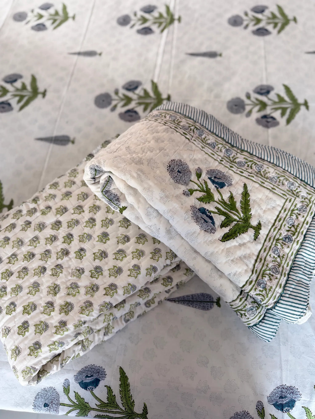 Blue & Green Ivory Garden Handblock Mul Cotton Quilt Single image 3