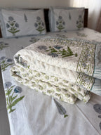 Blue & Green Ivory Garden Handblock Mul Cotton Quilt Single image 4
