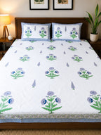 Blue & Green Ivory Garden Handblock Premium Cotton Percale Bedsheet Set image 1