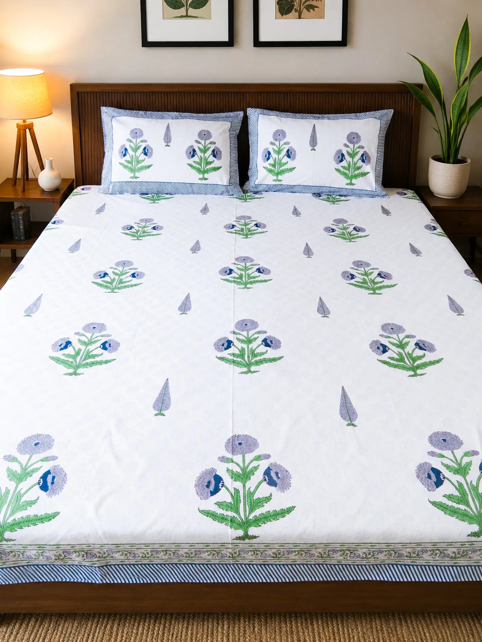 Blue & Green Ivory Garden Handblock Premium Cotton Percale Bedsheet Set image 1