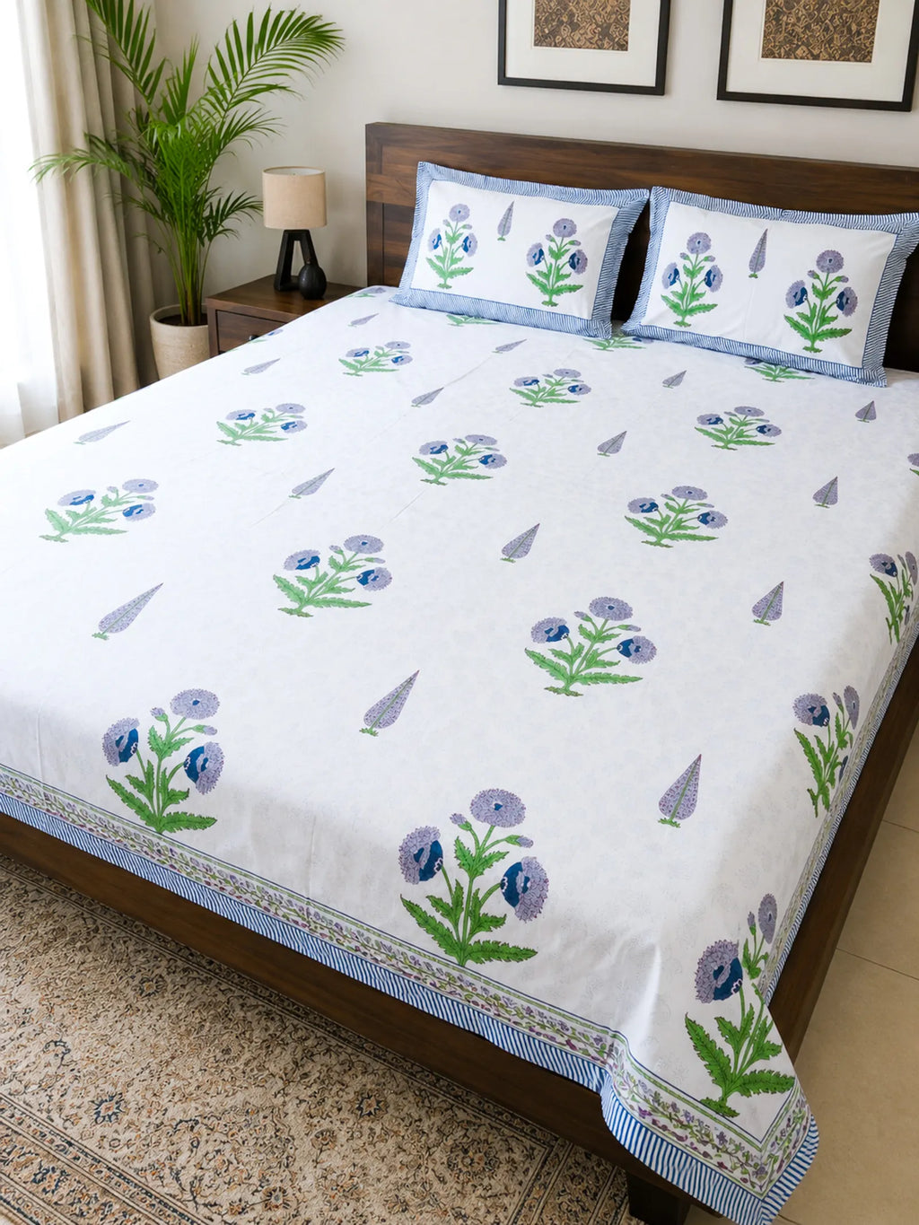 Blue & Green Ivory Garden Handblock Premium Cotton Percale Bedsheet Set image 2