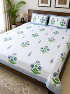 Blue & Green Ivory Garden Handblock Premium Cotton Percale Bedsheet Set image 2