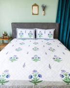 Blue & Green Ivory Garden Handblock Premium Cotton Percale Bedsheet Set image 4