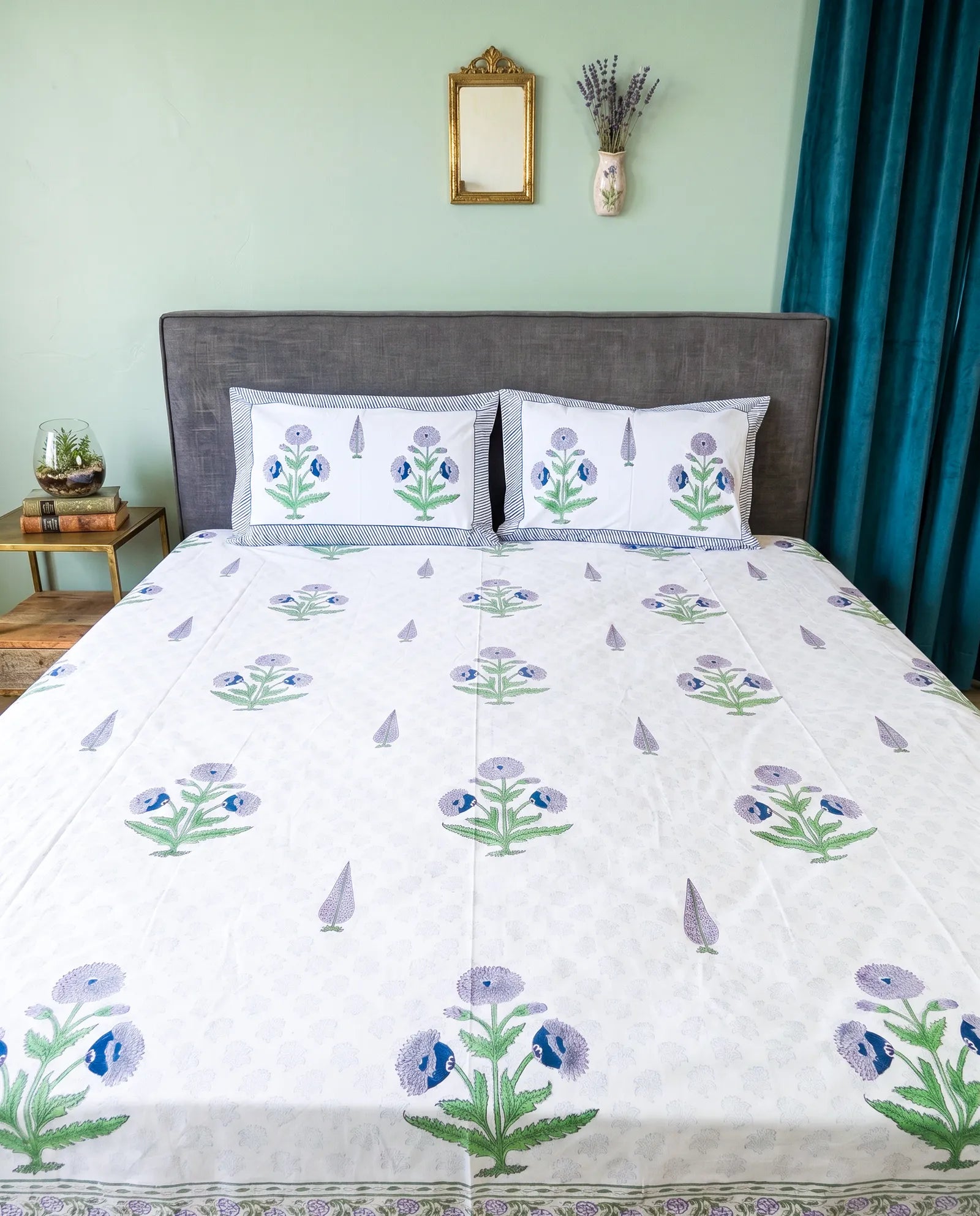 Blue & Green Ivory Garden Handblock Premium Cotton Percale Bedsheet Set image 4