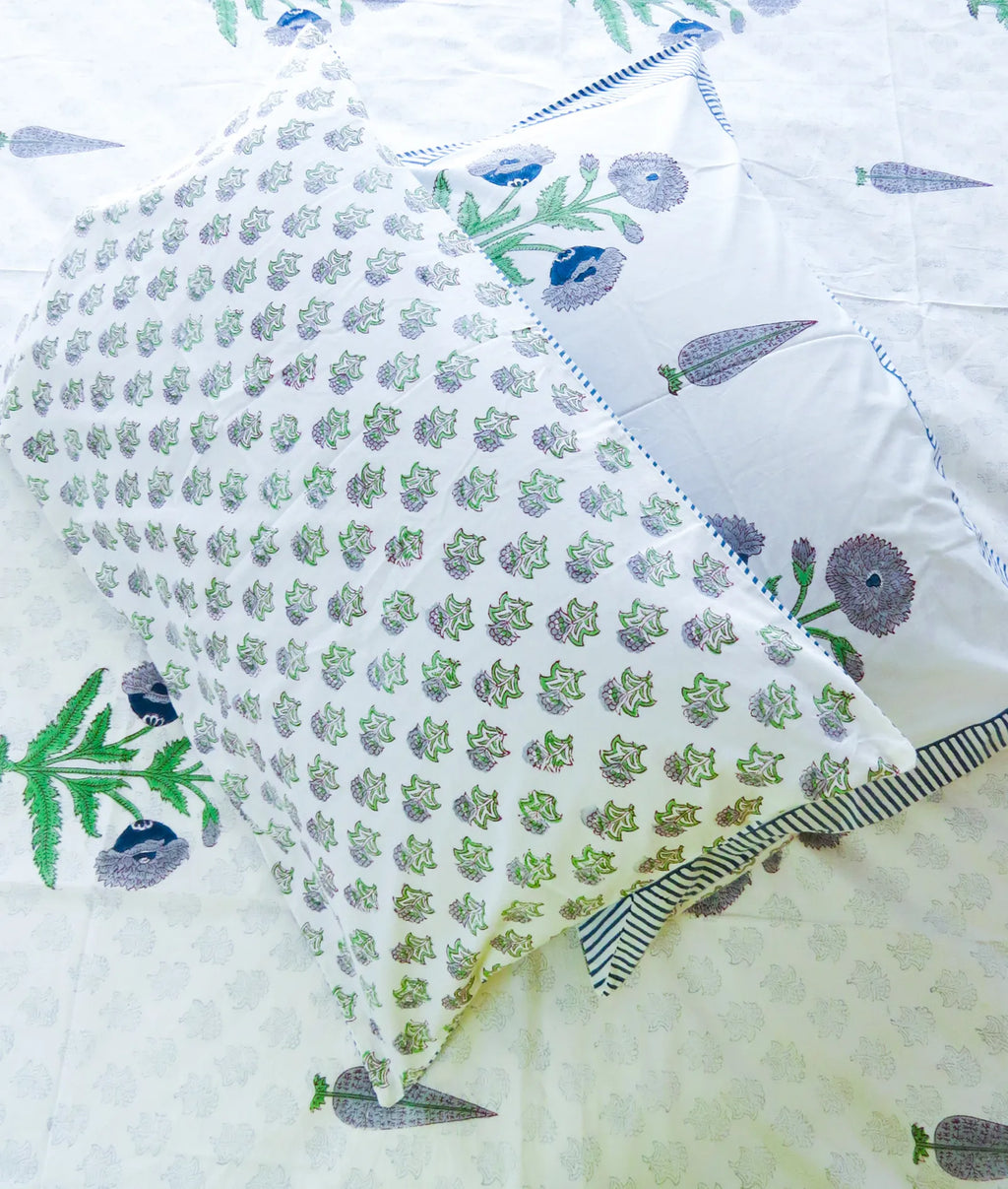 Blue & Green Ivory Garden Handblock Premium Cotton Percale Bedsheet Set image 5
