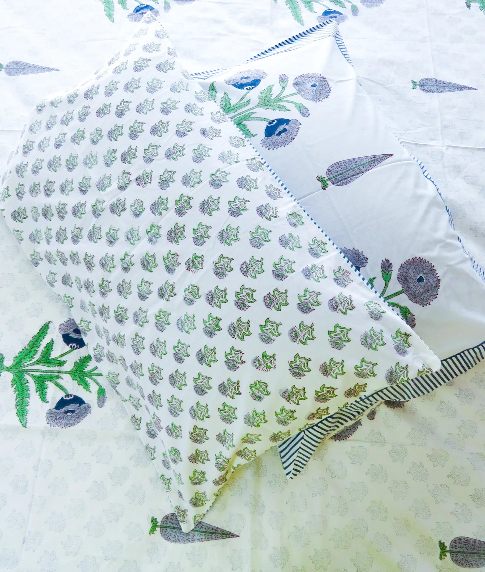 Blue & Green Ivory Garden Handblock Premium Cotton Percale Bedsheet Set image 5