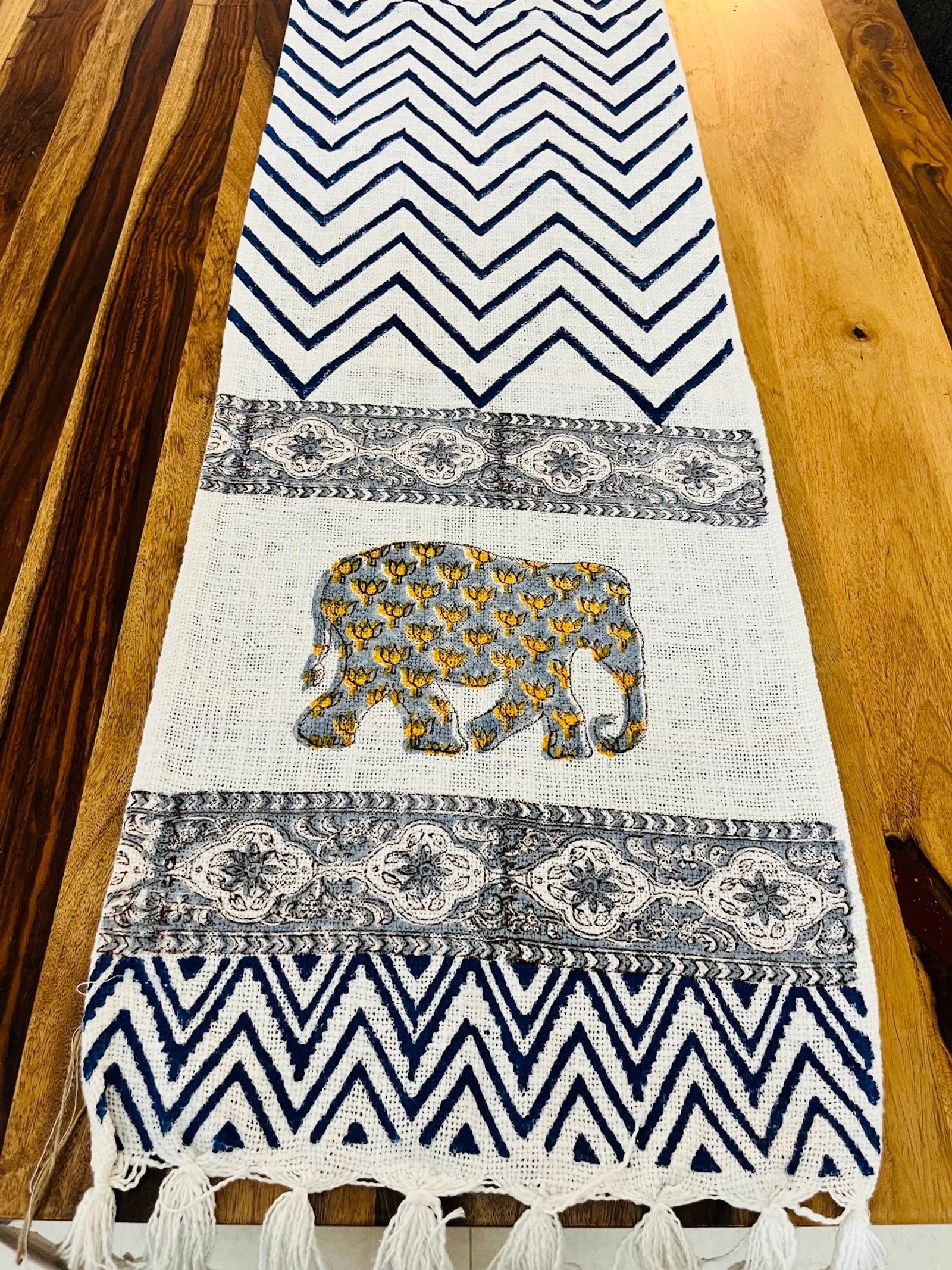 Blue Chevron Handblock TNT Cotton Table Runner image 1