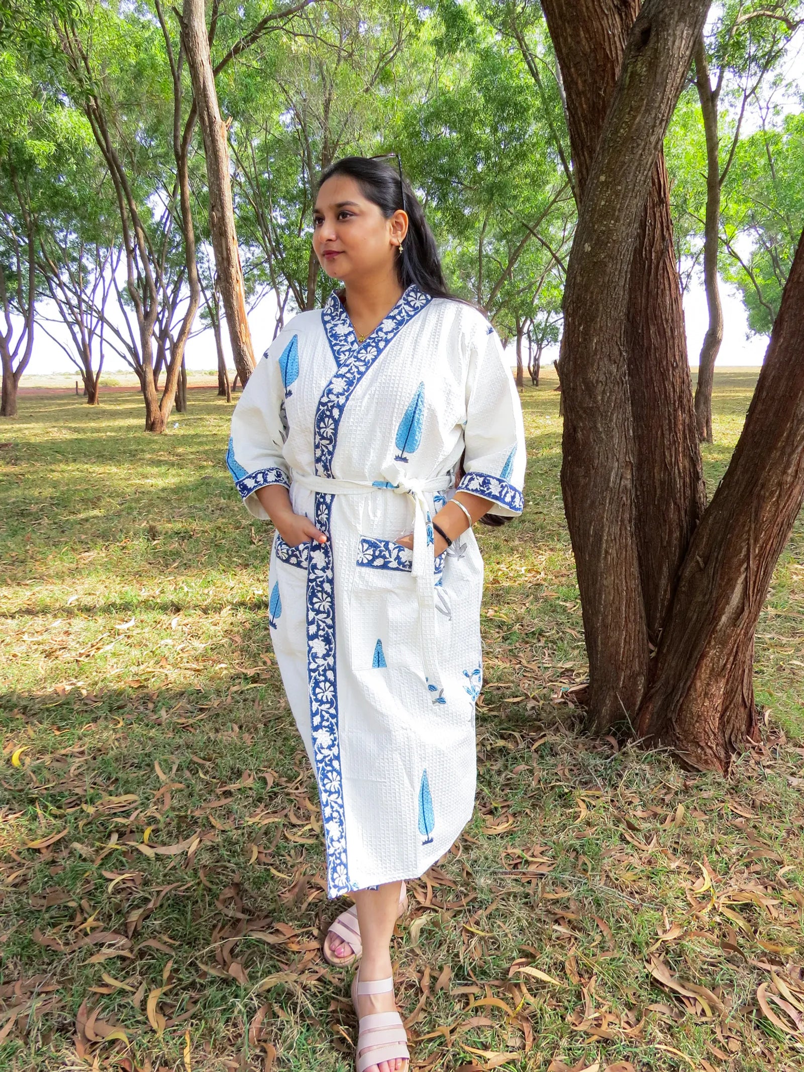 Blue Cypress Handblock Printed Waffle Cotton Bathrobe image 1