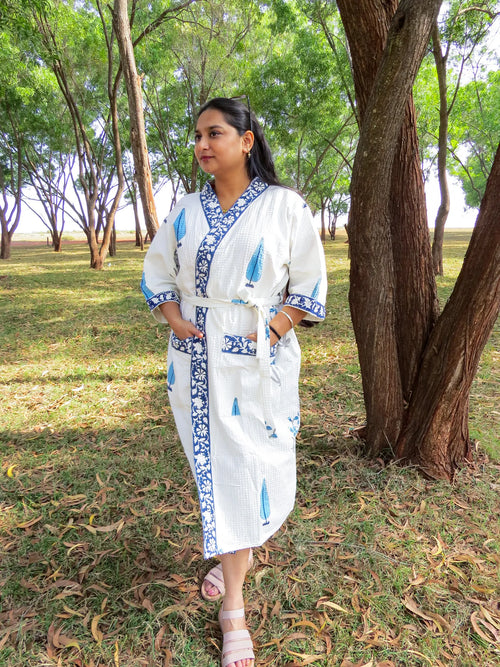 Blue Cypress Handblock Printed Waffle Cotton Bathrobe image 1