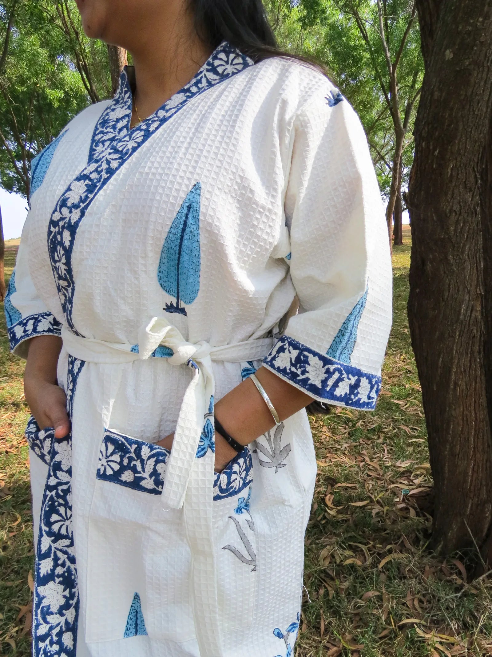 Blue Cypress Handblock Printed Waffle Cotton Bathrobe image 2