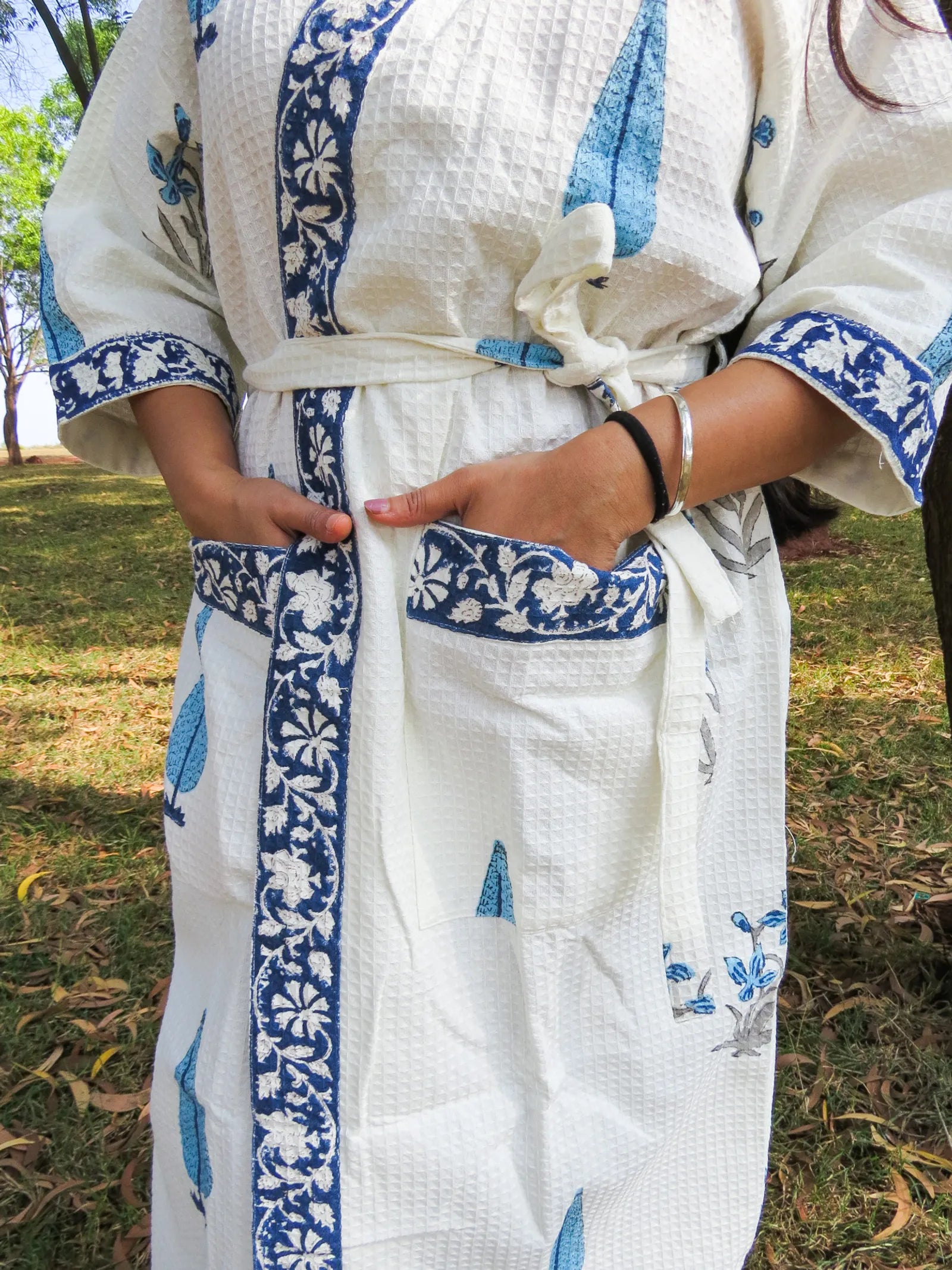 Blue Cypress Handblock Printed Waffle Cotton Bathrobe image 4