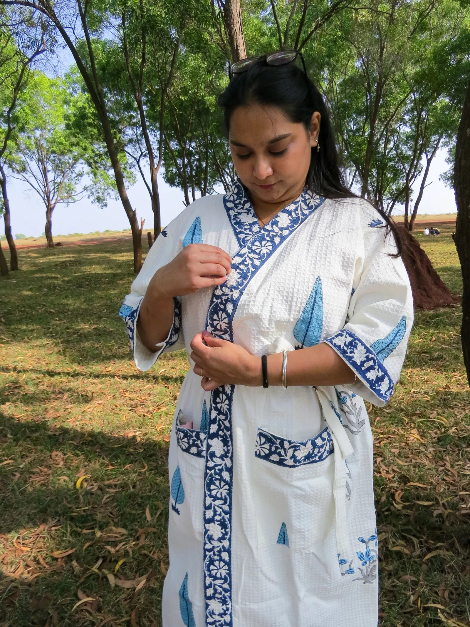 Blue Cypress Handblock Printed Waffle Cotton Bathrobe image 5