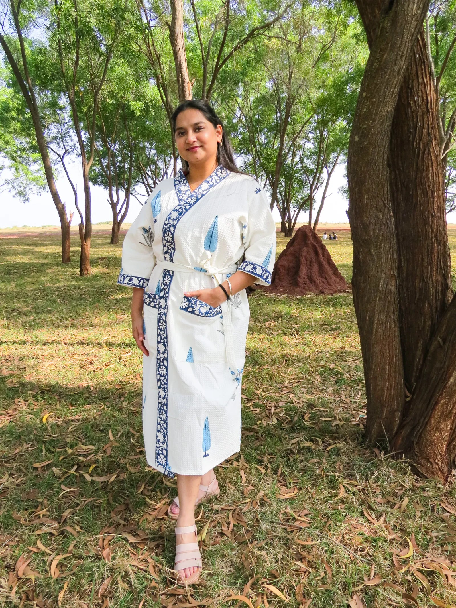 Blue Cypress Handblock Printed Waffle Cotton Bathrobe image 6