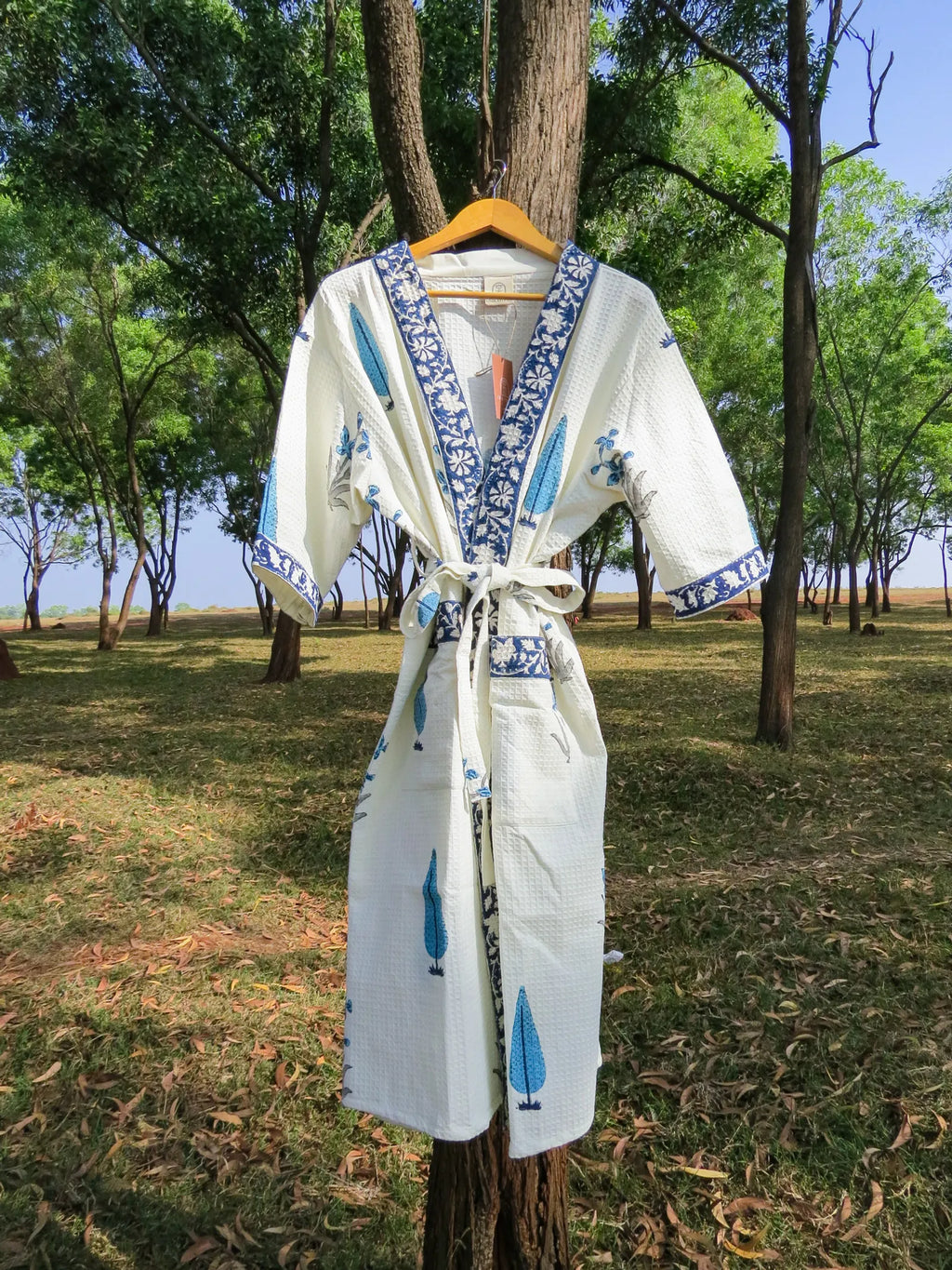 Blue Cypress Handblock Printed Waffle Cotton Bathrobe image 8