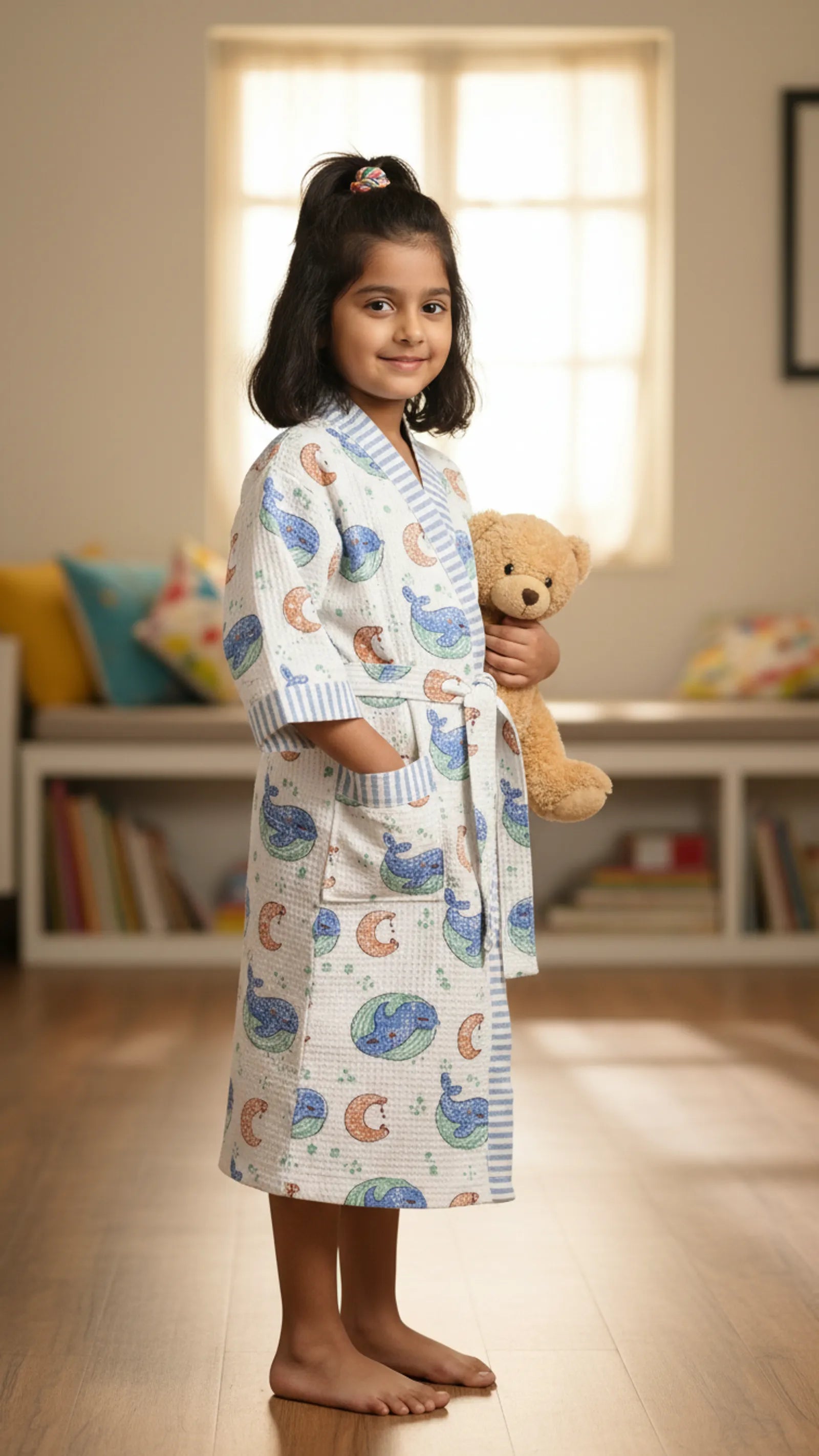 Blue Dolphin Waffle Cotton Kids Bathrobe image 2