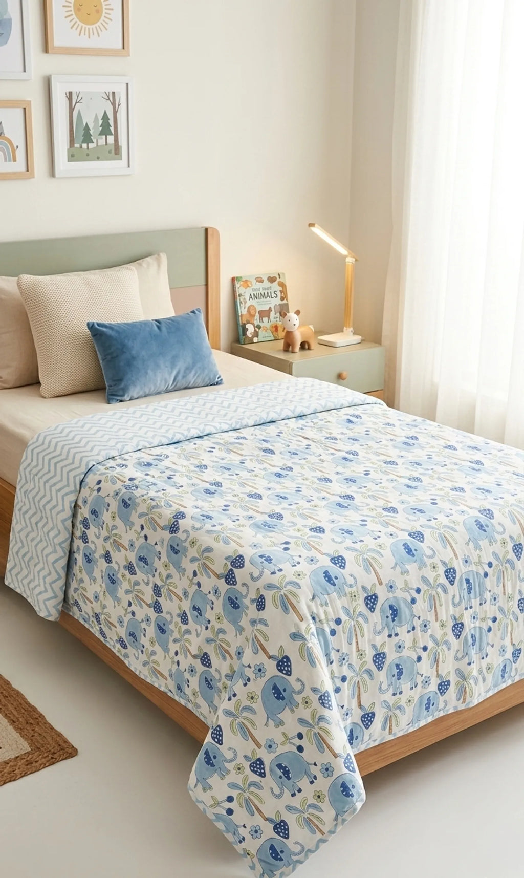 Blue Elephant Handblock Mul Cotton Kids Dohar image 1