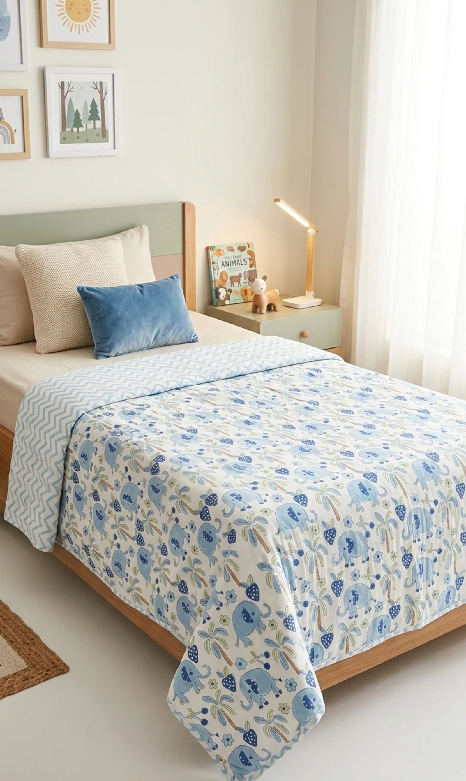 Blue Elephant Handblock Mul Cotton Kids Dohar image 1