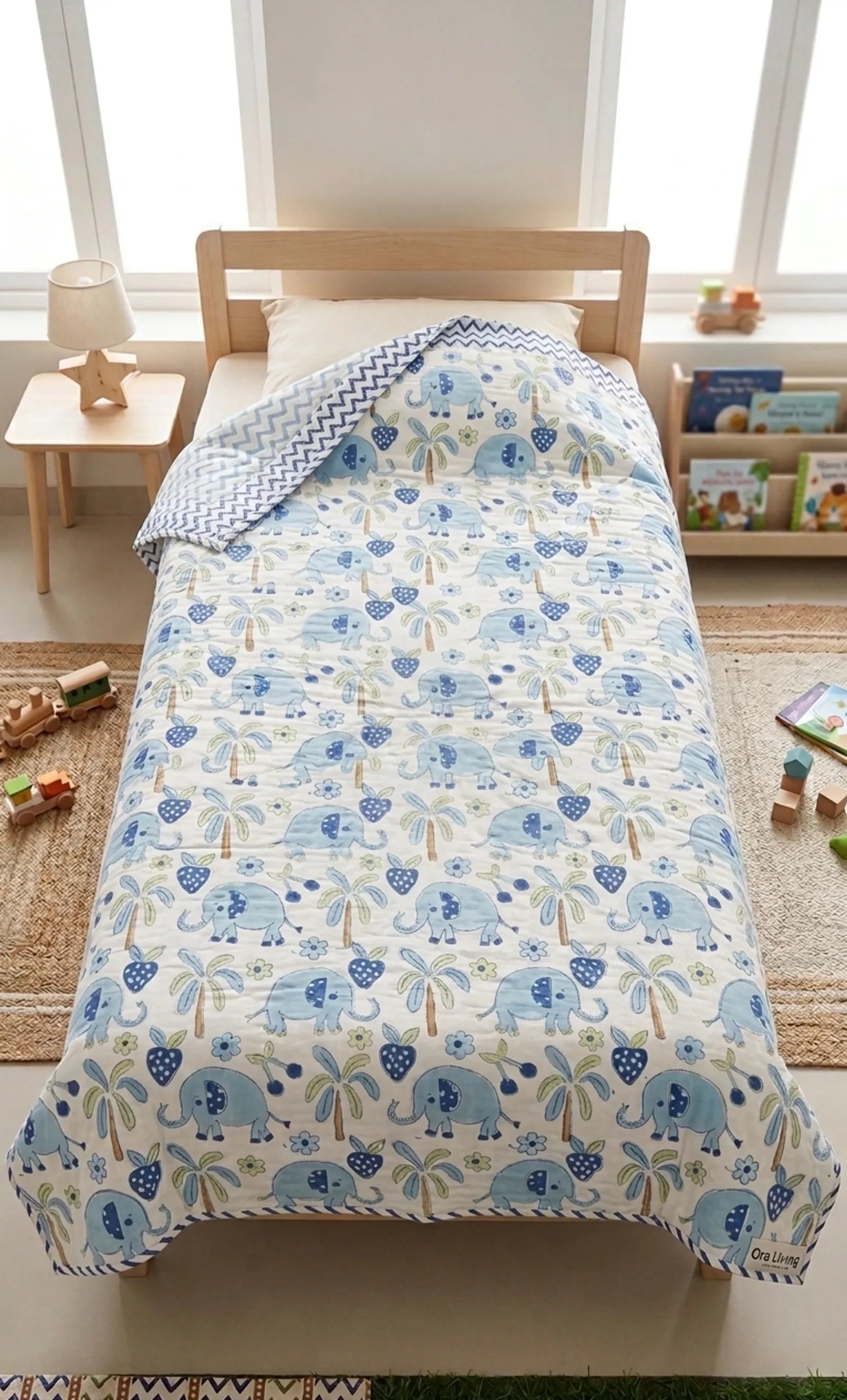 Blue Elephant Handblock Mul Cotton Kids Quilt image 1