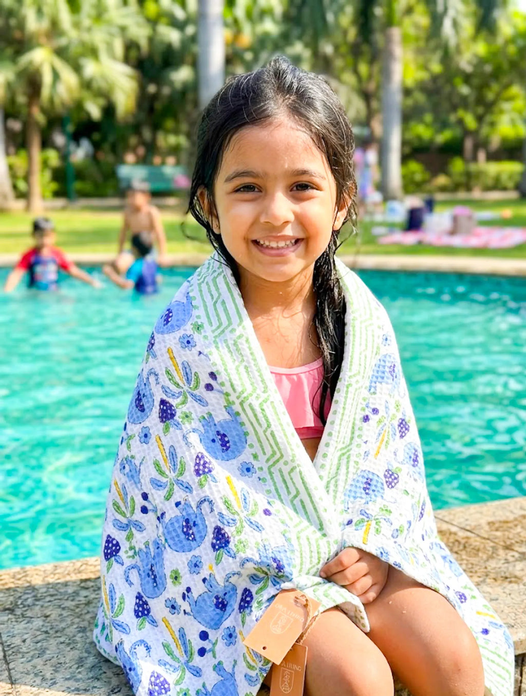 Blue Elephant Handblock Waffle Cotton Kids Bath Towel image 1