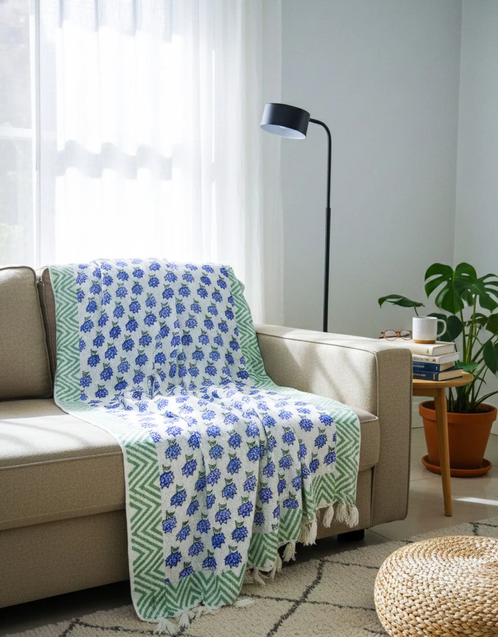 Blue Floral Butti Handblock TNT Cotton Throw Blanket image 1