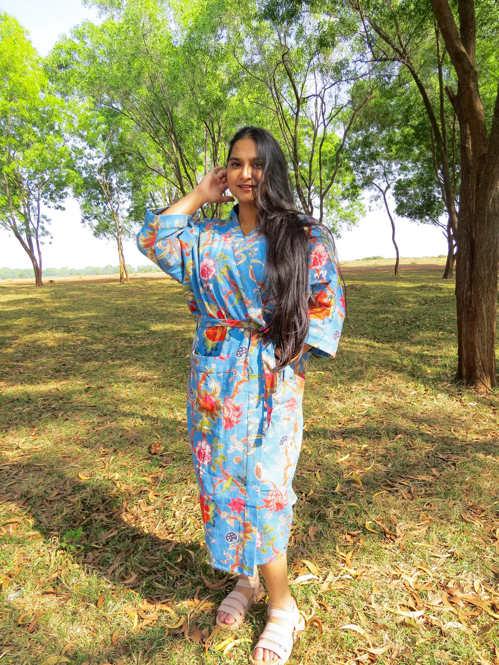 Blue Floral Handblock Printed Waffle Cotton Bathrobe image 1