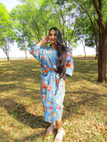 Blue Floral Handblock Printed Waffle Cotton Bathrobe image 1