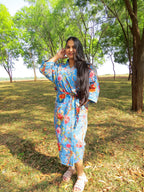 Blue Floral Handblock Printed Waffle Cotton Bathrobe image 1