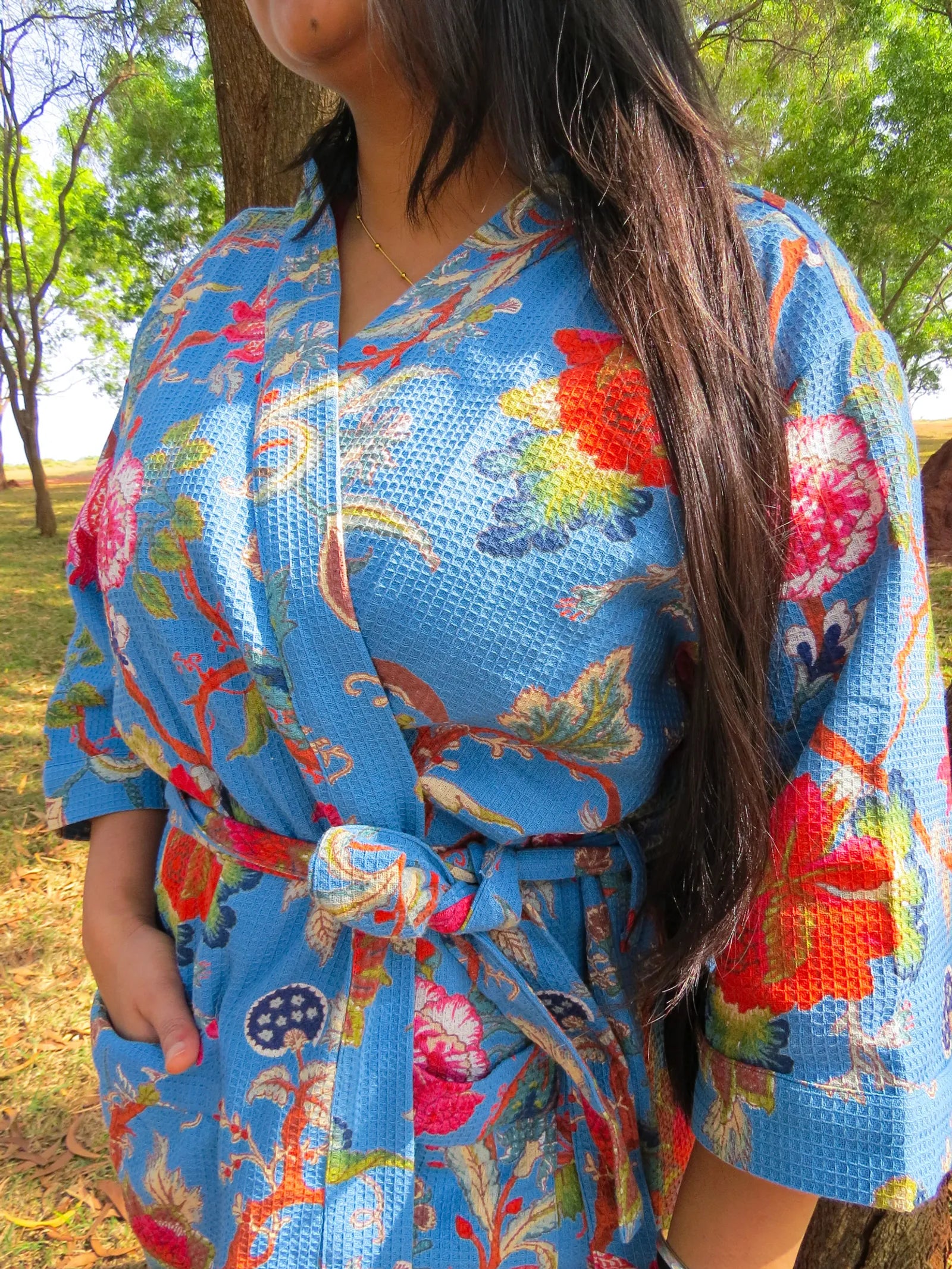 Blue Floral Handblock Printed Waffle Cotton Bathrobe image 2