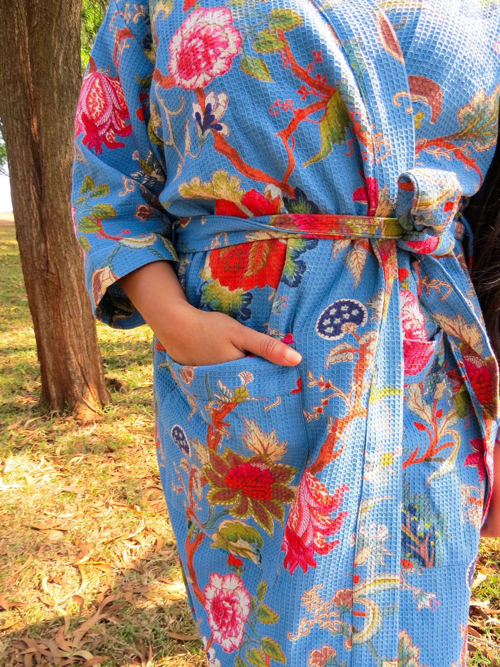 Blue Floral Handblock Printed Waffle Cotton Bathrobe image 3