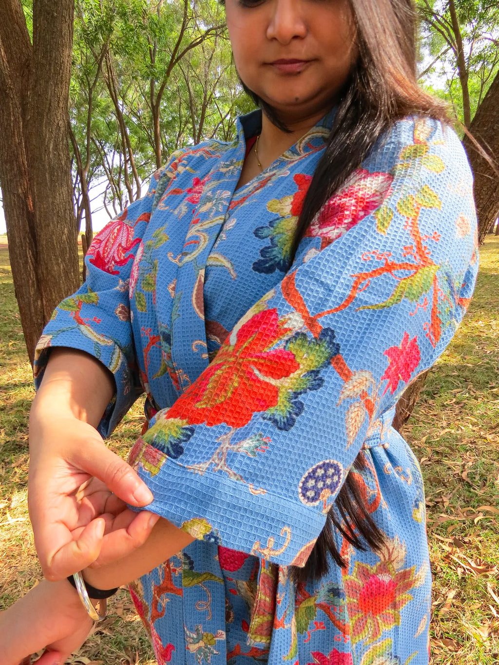 Blue Floral Handblock Printed Waffle Cotton Bathrobe image 4