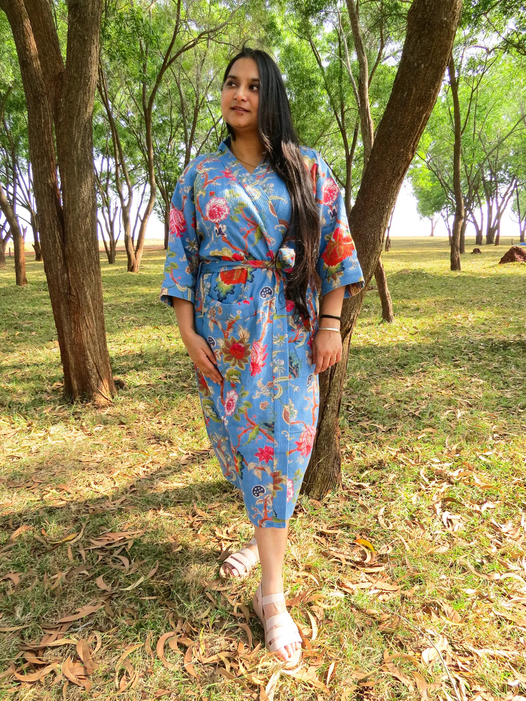 Blue Floral Handblock Printed Waffle Cotton Bathrobe image 5