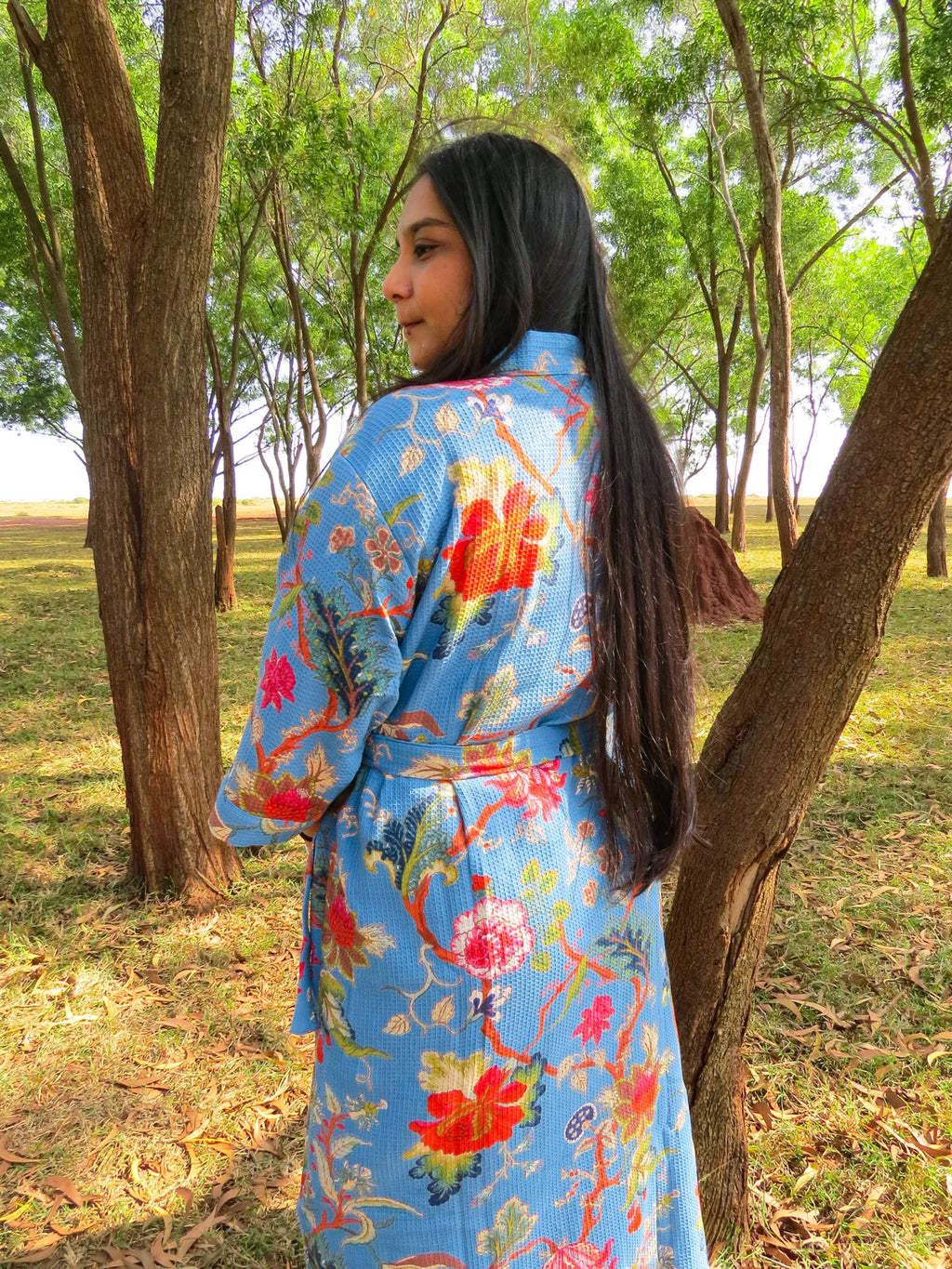 Blue Floral Handblock Printed Waffle Cotton Bathrobe image 6
