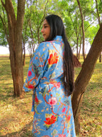 Blue Floral Handblock Printed Waffle Cotton Bathrobe image 6