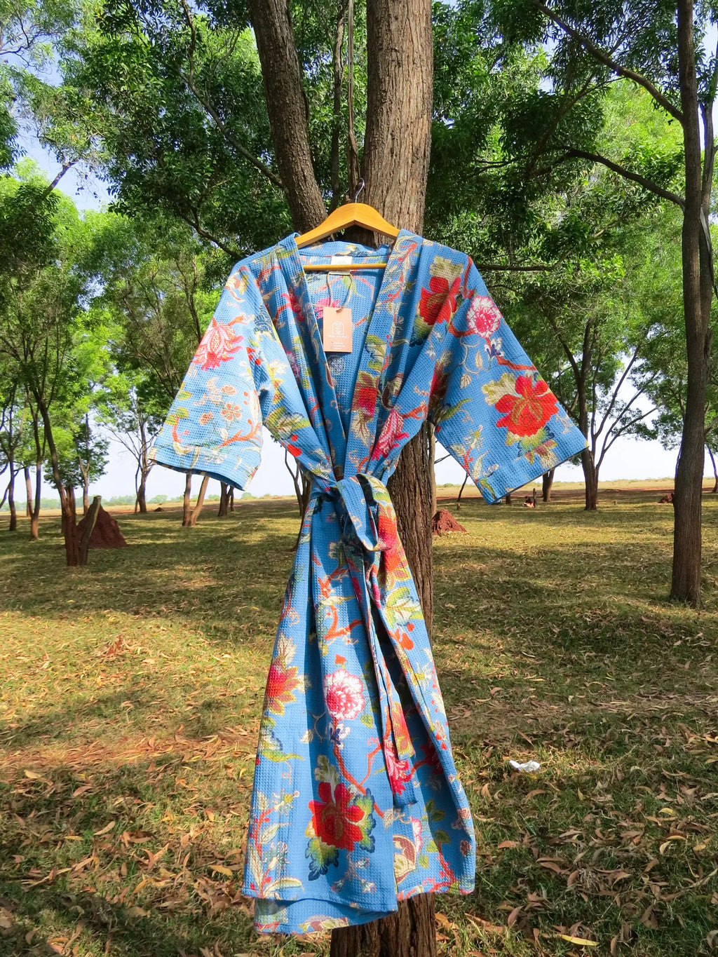 Blue Floral Handblock Printed Waffle Cotton Bathrobe image 7